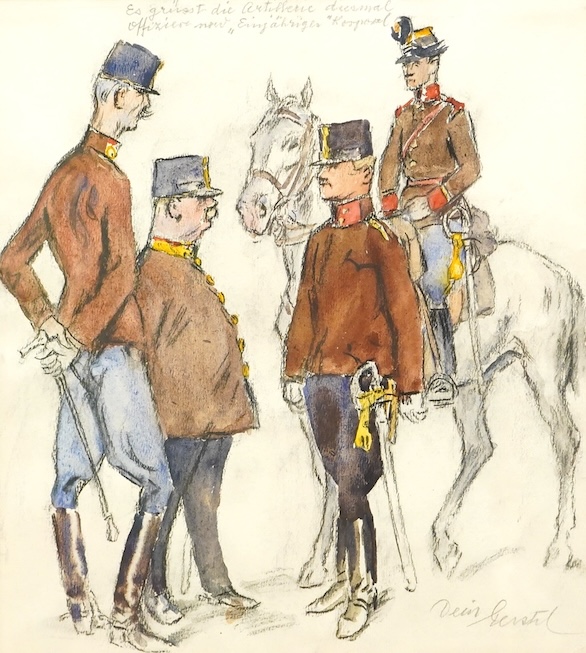 Attributed to Alfred Gerstenbrand, Caricature of military figures, signed and inscribed, details verso, pastel, 28 x 25cm